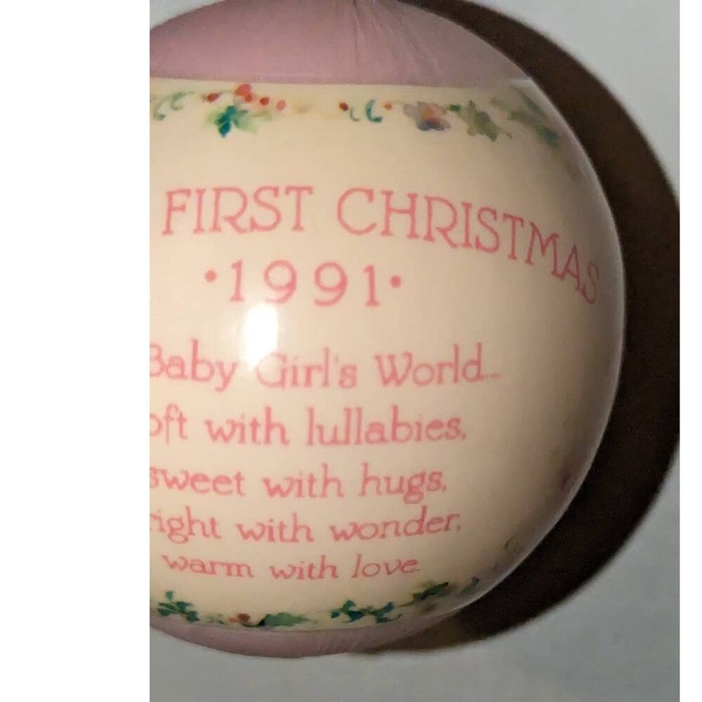 Vintage 1991 Baby's First Christmas Hallmark Satin Ball ornament Girl Box Rare - Picture 5 of 13